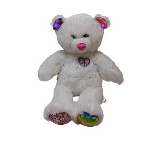 Twinkle Toes B.A.B. 17” Plush White Teddy Bear W/Light Up Ears, Peace Sign Heart